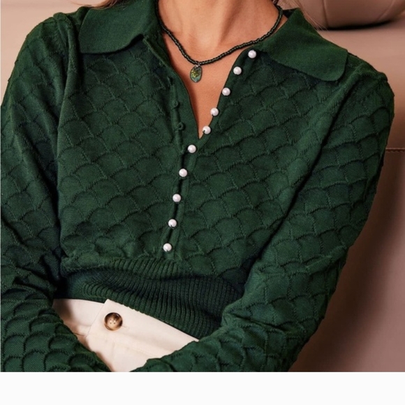 Rihoas Dark Green Scalloped Sweater With Pearl Buttons NWT - Picture 2 of 8